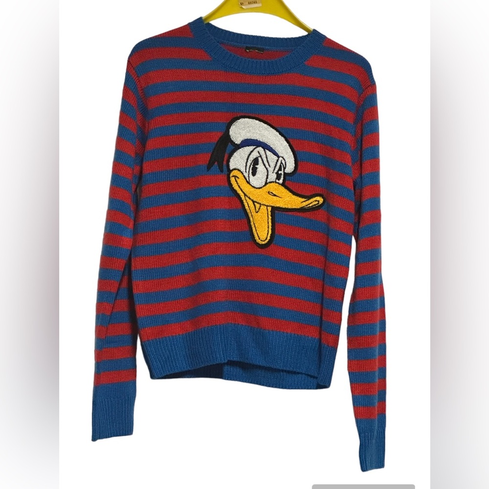 Disney Forever 21 Large Knit crew neck Sweater Donald Duck blue red striped M.